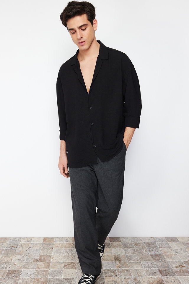 Black - Black Oversize Fit Open Collar Summer Linen Look Shirt TMNSS23GO00053