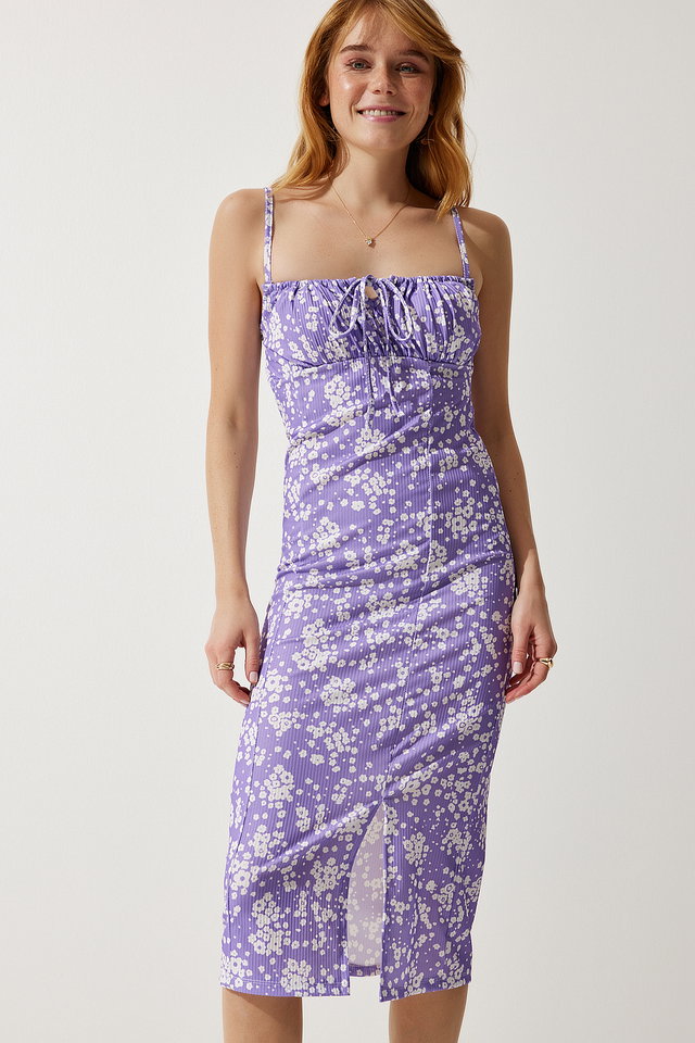 Lilac - Women's Lilac Floral Slit Summer Knitted Dress CI00029