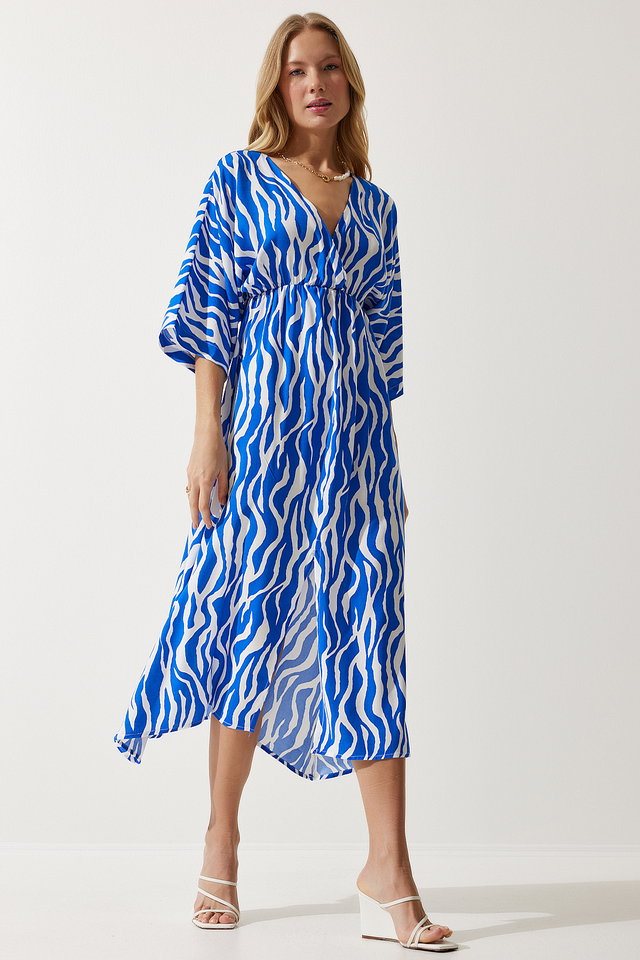 Blue White - Women's Orange Deep V Neck Summer Long Viscose Dress CI00081