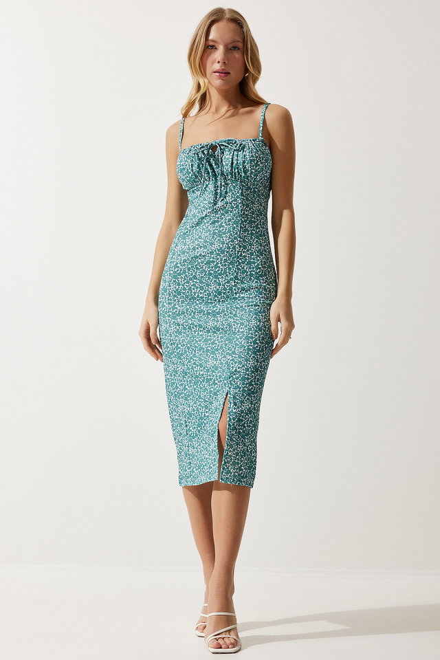 Aqua Green White - BRAV Women's Green Floral Slit Summer Knitted Dress CI00029