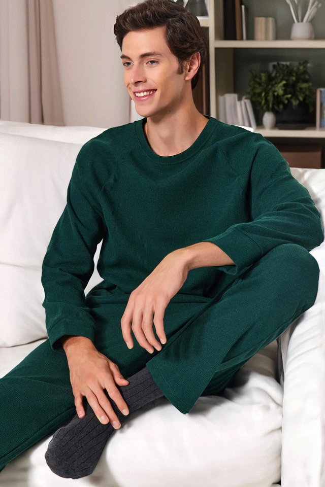 Green - Green Regular Fit Waffle Knitted Pajama Set TMNAW23PT00015
