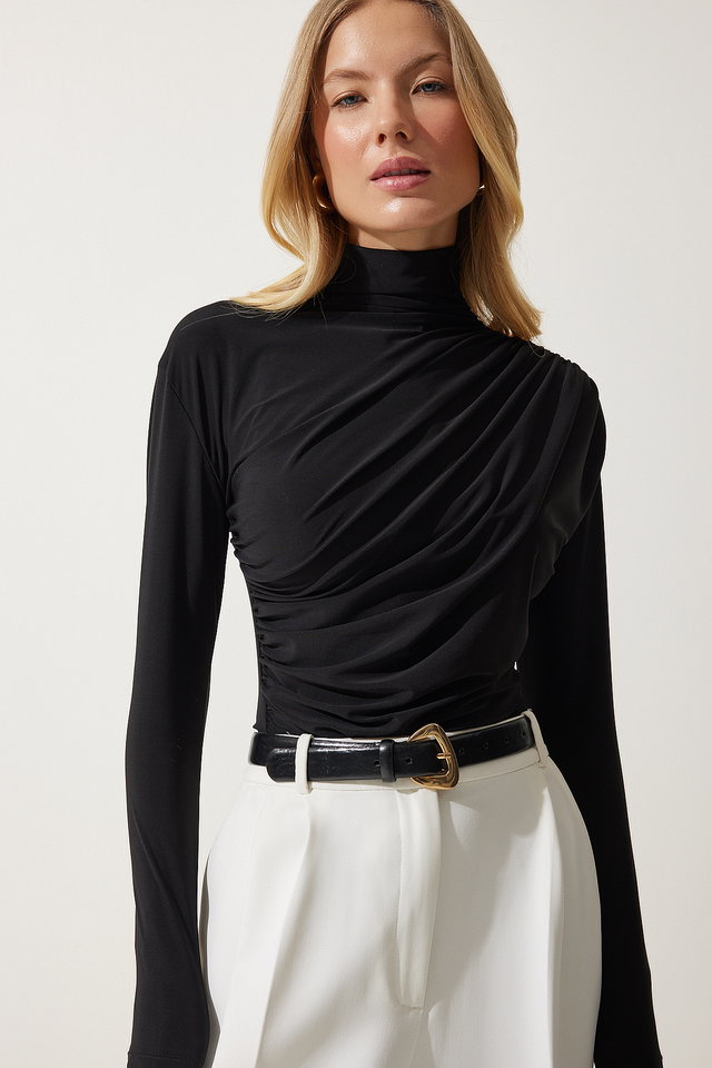 Black - Women's Black Gathered Detailed High Neck Sandy Blouse FF00135