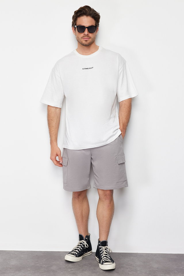 Grey - Gray Oversize/Wide Cut Hidden Drawstring Elastic Waist Cargo Pocket Labeled Shorts TMNSS24SR00018