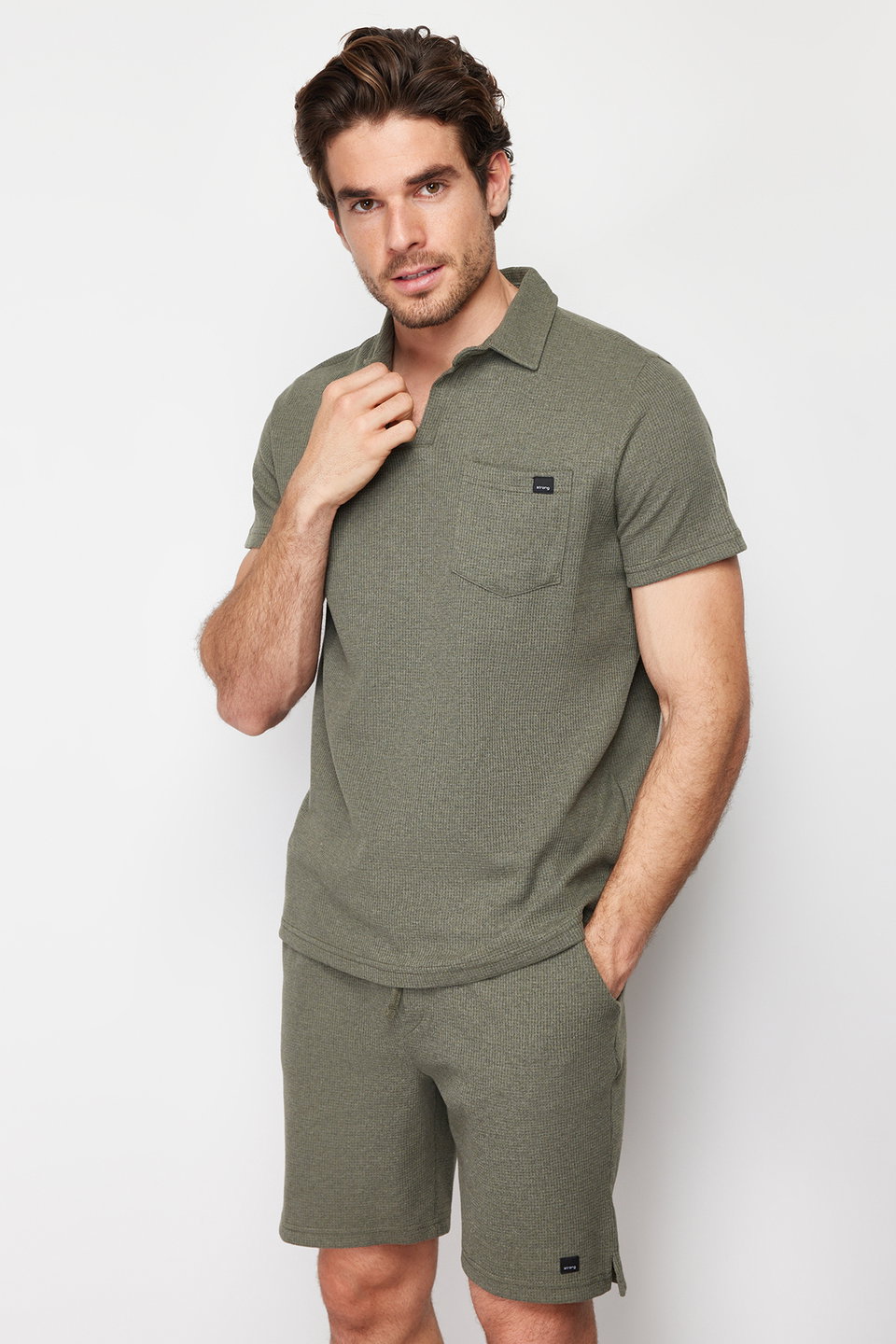 Camel Regular Cut Textured Fabric Labeled Polo Collar Tracksuit Set TMNSS23EM00003