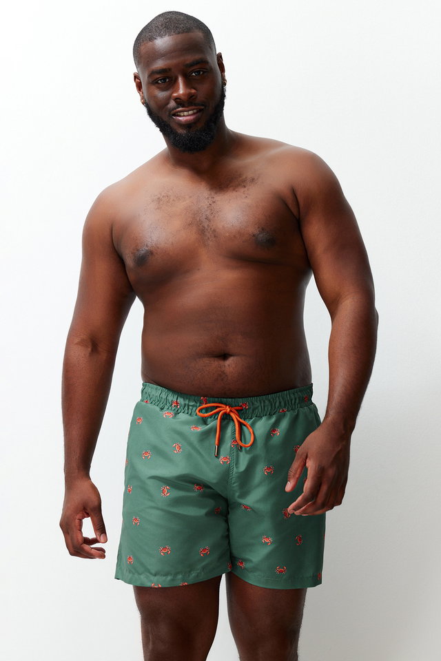 Khaki - Khaki Standard Size Crab Printed Plus Size Swimsuit Swim Shorts TMNSS24KD00006