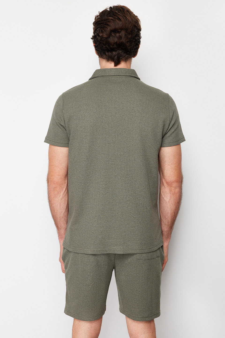 Camel Regular Cut Textured Fabric Labeled Polo Collar Tracksuit Set TMNSS23EM00003