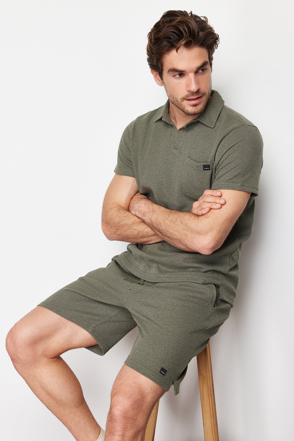 Camel Regular Cut Textured Fabric Labeled Polo Collar Tracksuit Set TMNSS23EM00003