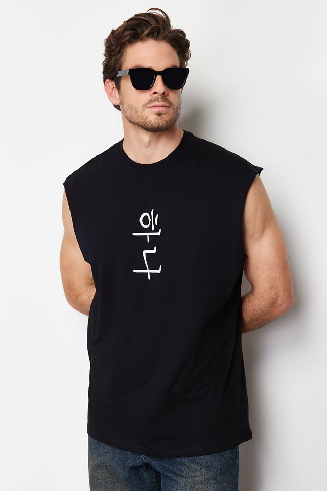 Black - Black Oversize/Wide Cut Far East Text Printed 100% Cotton T-Shirt/Undershirt TMNSS22AL0108