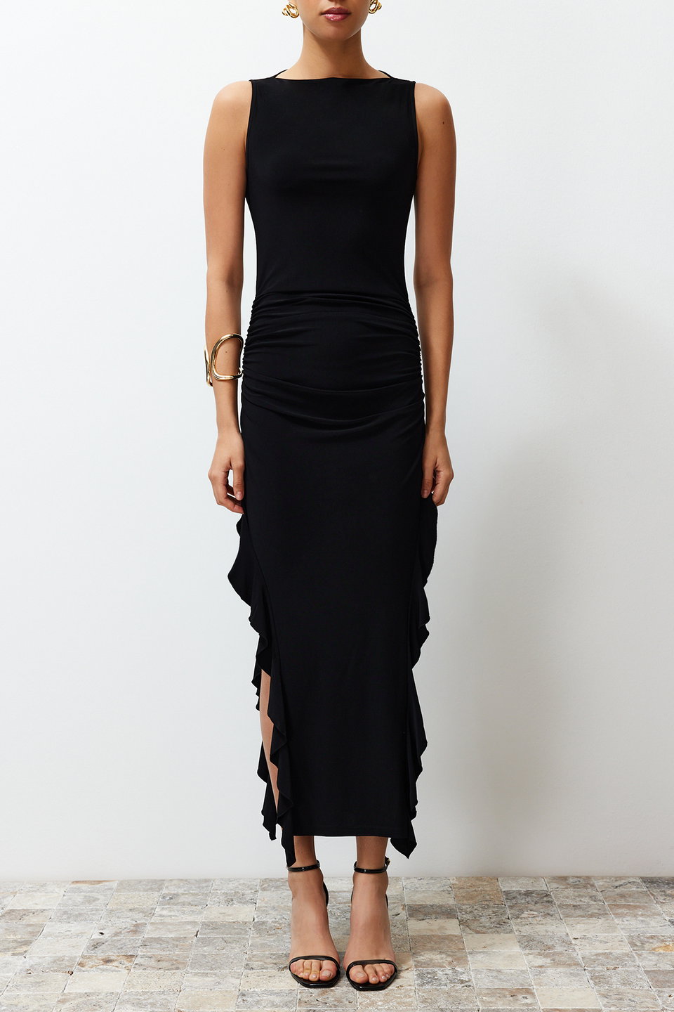 Fuchsia Bodycone Zero Sleeve Slit Ruffle Detailed Stretchy Thick Sandy Maxi Pencil Dress TWOSS24EL00688