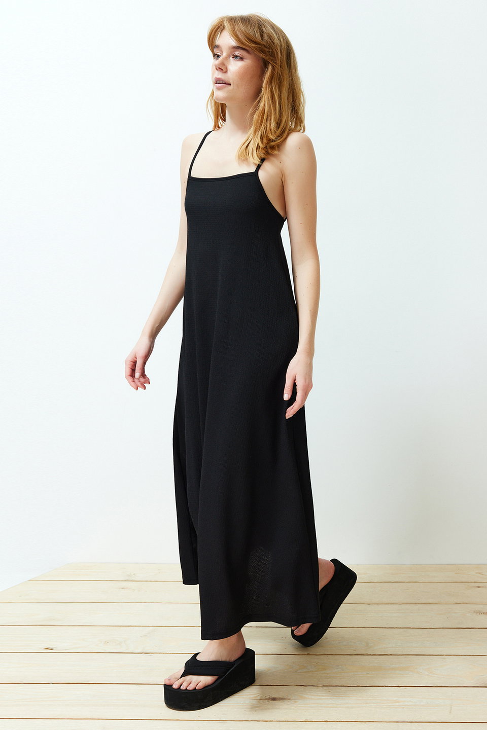Adjustable Straps Square Neck A-Line Crepe/Textured Knit Maxi Dress TWOSS24EL00060