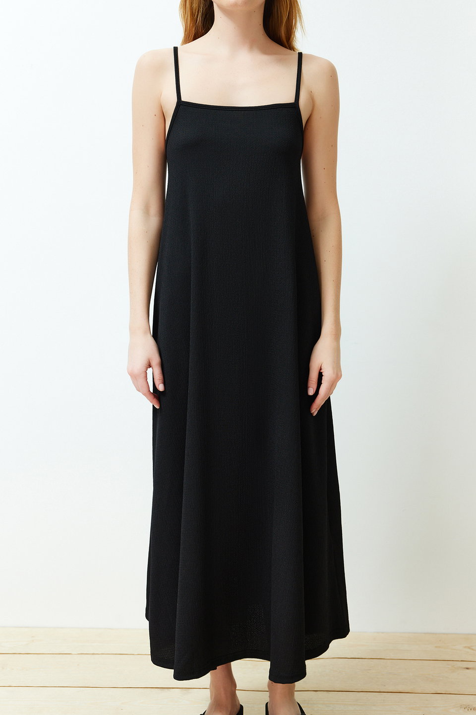 Adjustable Straps Square Neck A-Line Crepe/Textured Knit Maxi Dress TWOSS24EL00060