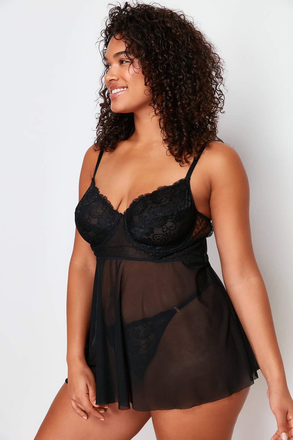 High Waist Lace Underwire Adjustable Babydoll & Thong Set TBBSS24DH00001