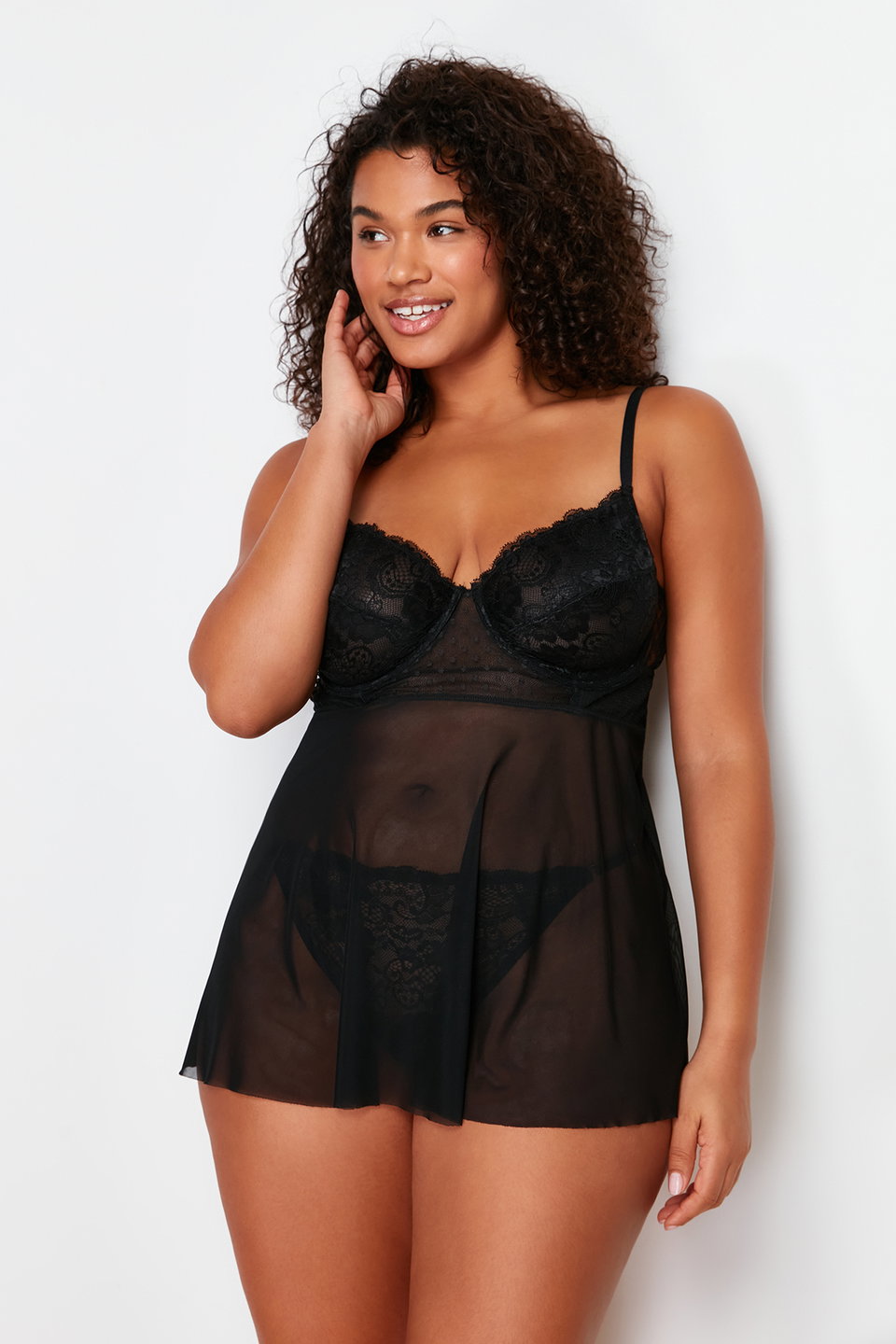 High Waist Lace Underwire Adjustable Babydoll & Thong Set TBBSS24DH00001