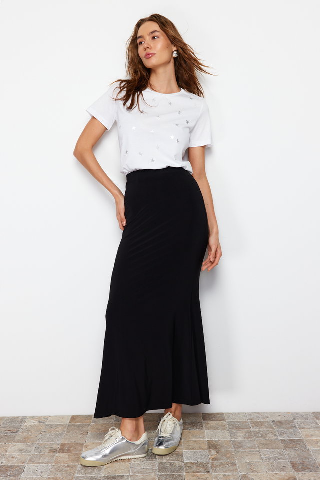 Black - Black Body Sitting Fish Form Stretchy Knitted Maxi Skirt TWOSS24ET00155