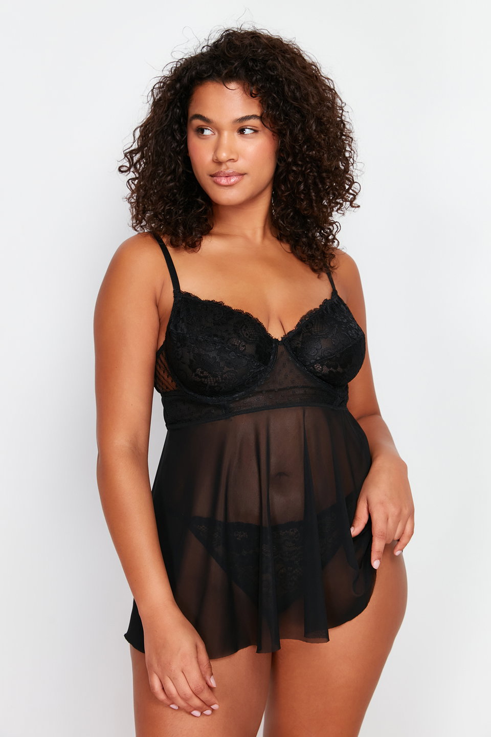 High Waist Lace Underwire Adjustable Babydoll & Thong Set TBBSS24DH00001