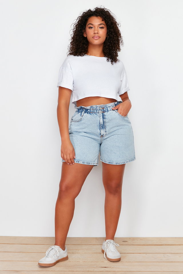 Light blue - Blue High Waist Denim Shorts with Elastic Waist and Buttons in the Front in a Wide Cut TBBSS22JE00015.