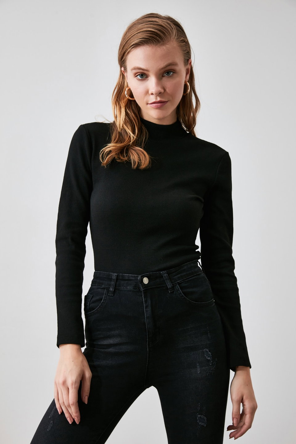 Fitted High Collar Long Sleeve Ribbed Stretchy Knitted Blouse TWOAW21BZ0423