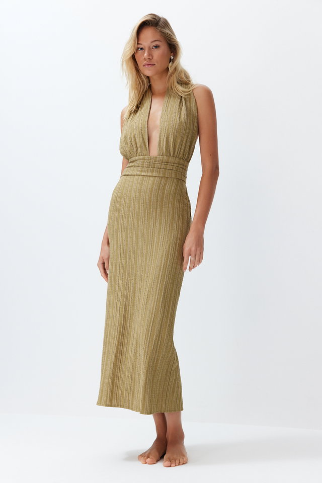 Khaki*St - Khaki Maxi Woven Decollete Linen Blend Beach Dress TBESS24EL00096