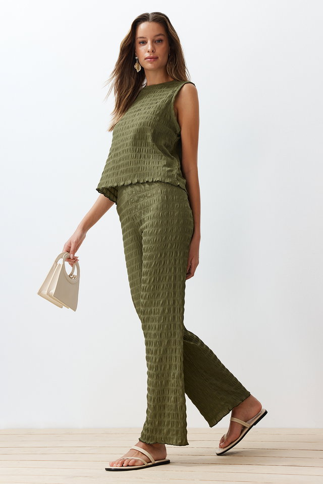 Khaki - Khaki Textured Regular/Normal Cut Zero Sleeve Flexible Knitted Blouse Trousers Bottom-Top Set TWOSS24AU00032
