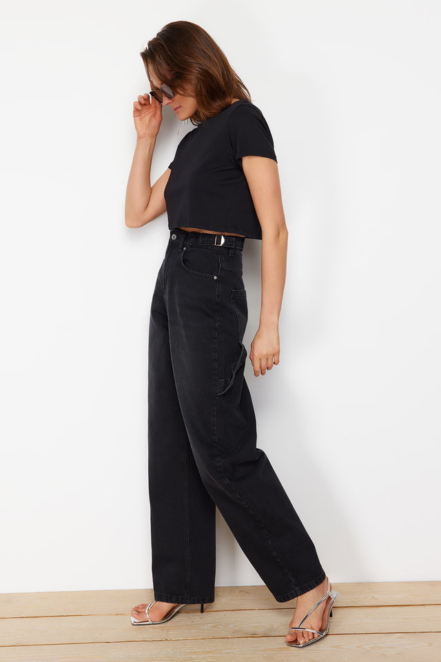 Black - More Sustainable Dark Blue Washed Effect Loose Fit High Waist Loose Baggy Jeans Twoaw24Je00308