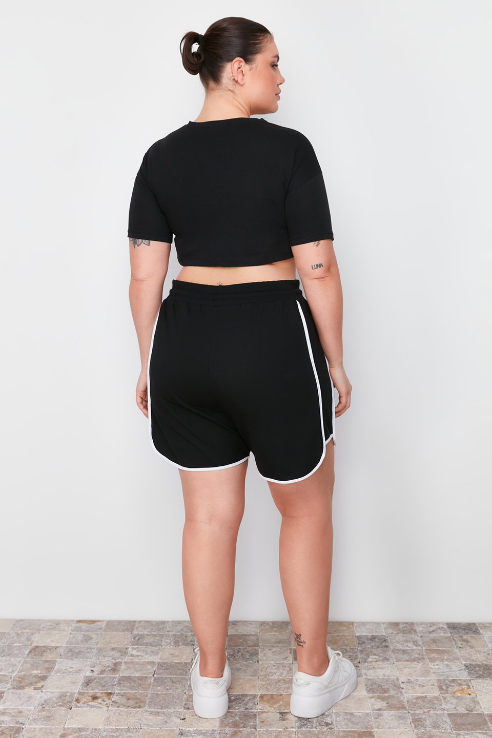 Slogan Printed Piping Detailed Knitted Plus Size Shorts & Bermuda TBBSS24AP00028