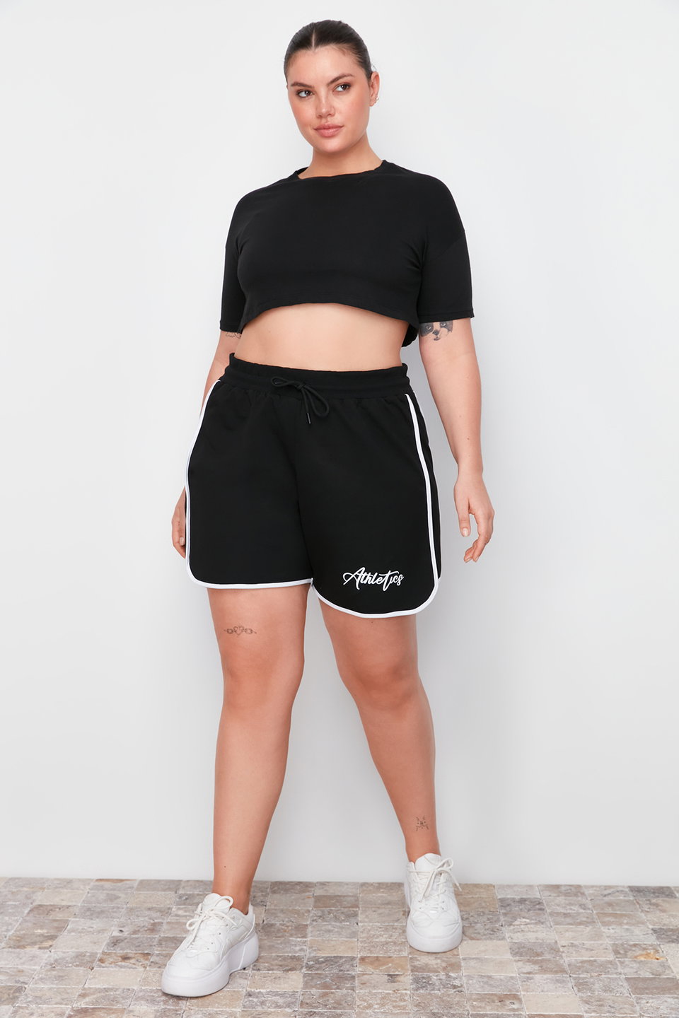 Slogan Printed Piping Detailed Knitted Plus Size Shorts & Bermuda TBBSS24AP00028