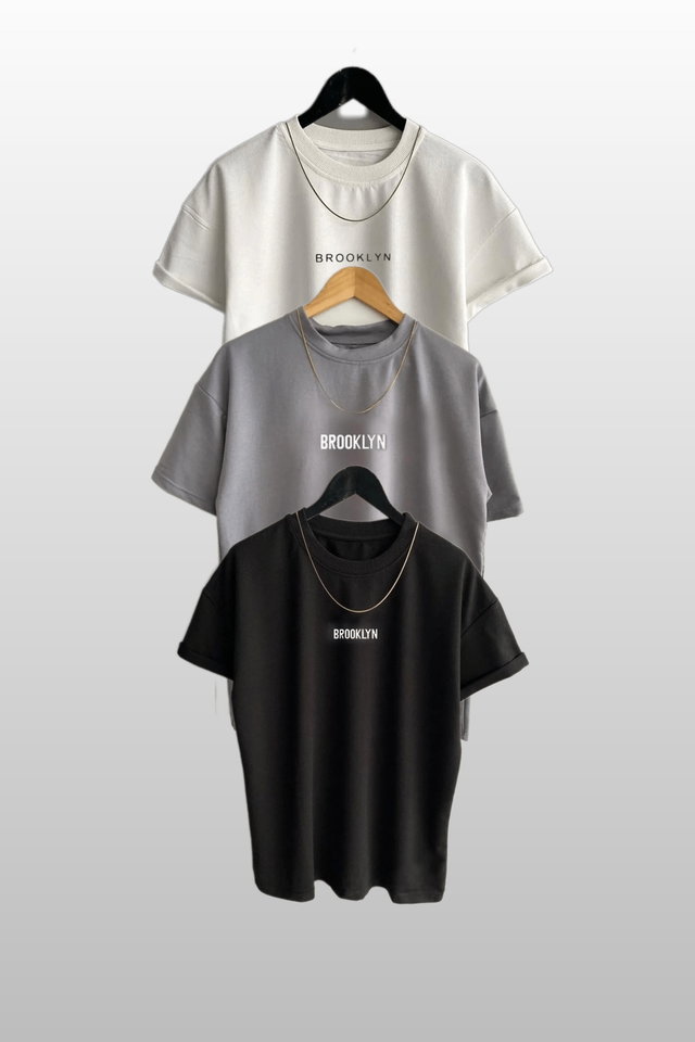 Black White Gray - Unisex Brooklyn Printed 3 Pack Coffee-Black-Beige T-Shirt