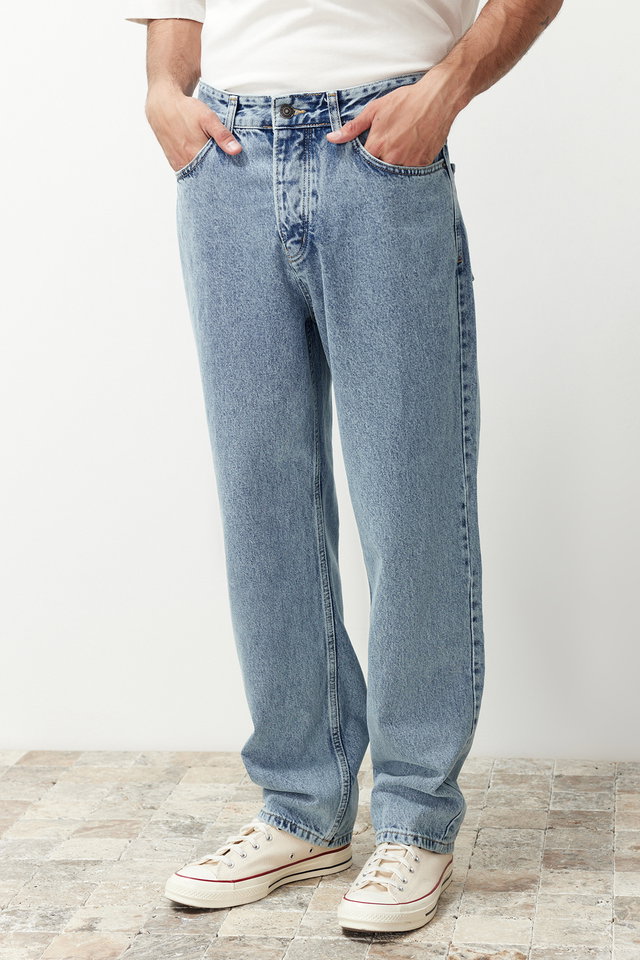 Light Blue-6006 - Black Smoke 100% Cotton Baggy Fit Jeans Loose Jeans TMNAW24JE00027