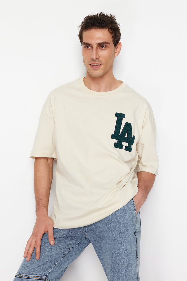 Stone - Ecru Oversize Süzene City Embroidered 100% Cotton T-Shirt TMNSS22TS2268