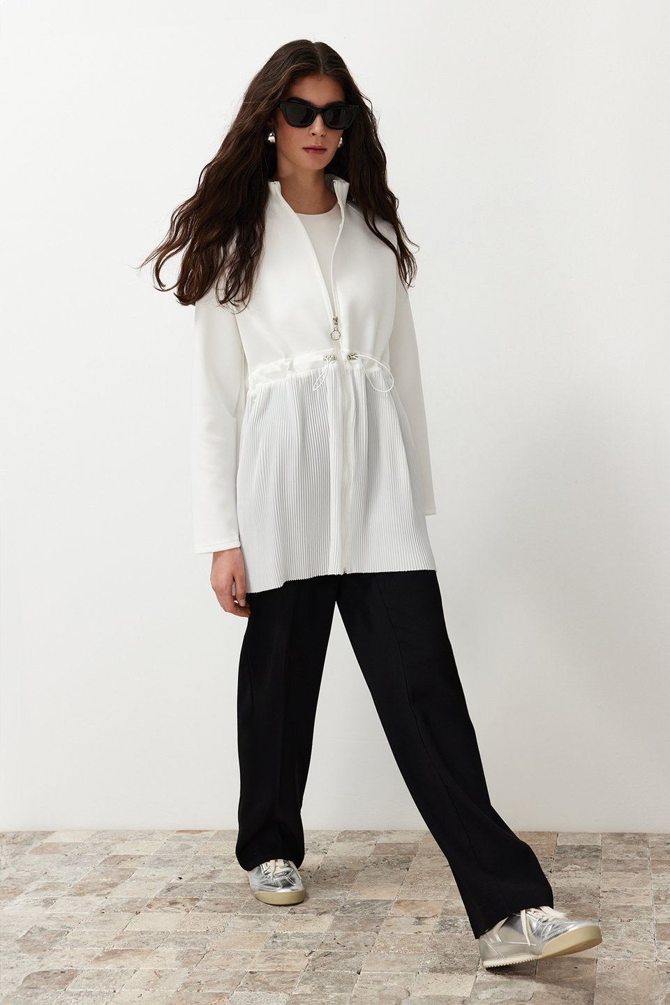 Diver/Scuba Pleated Zippered Woven Tunic TCTSS24UK00035