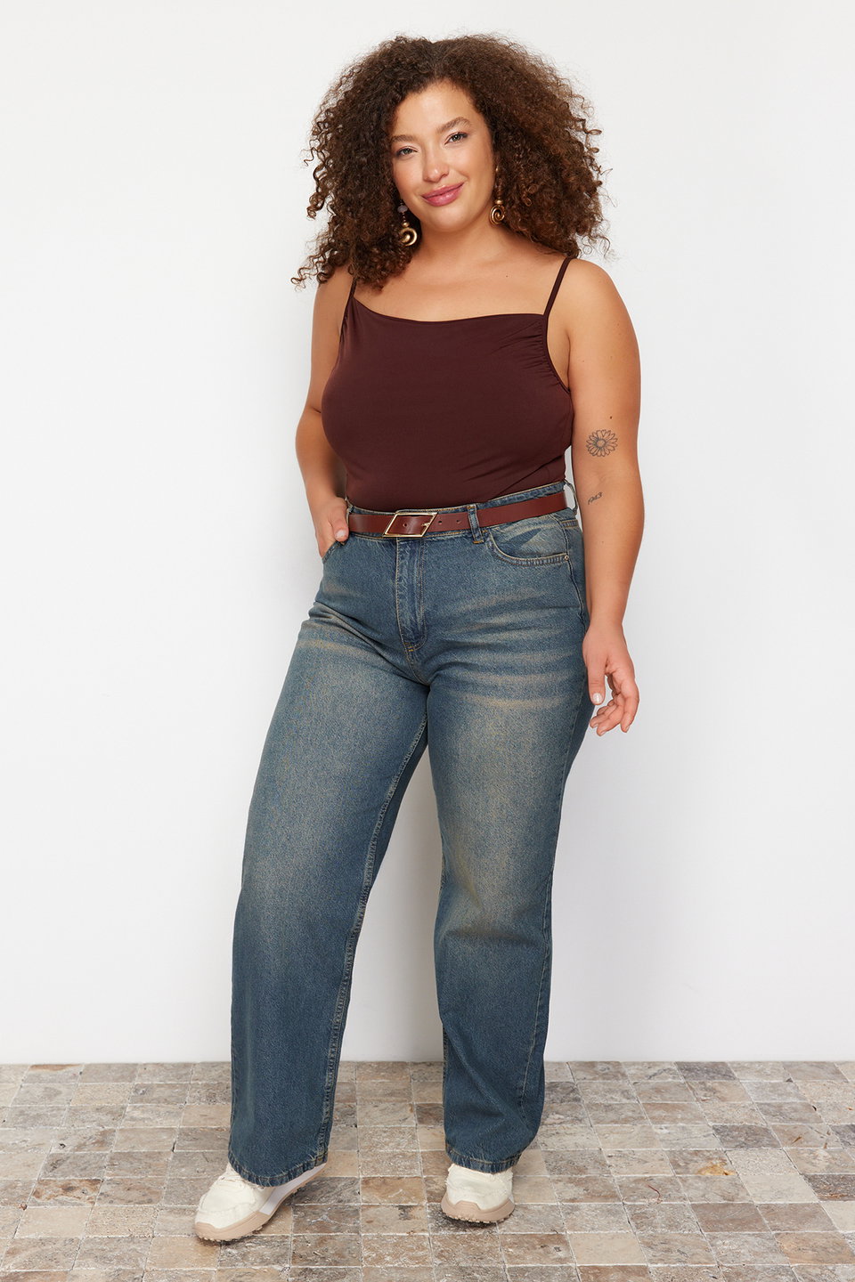 High Waist Faded Effect Vintage Wash Wide Leg Plus Size Wide Leg Jeans TBBSS24CJ00042