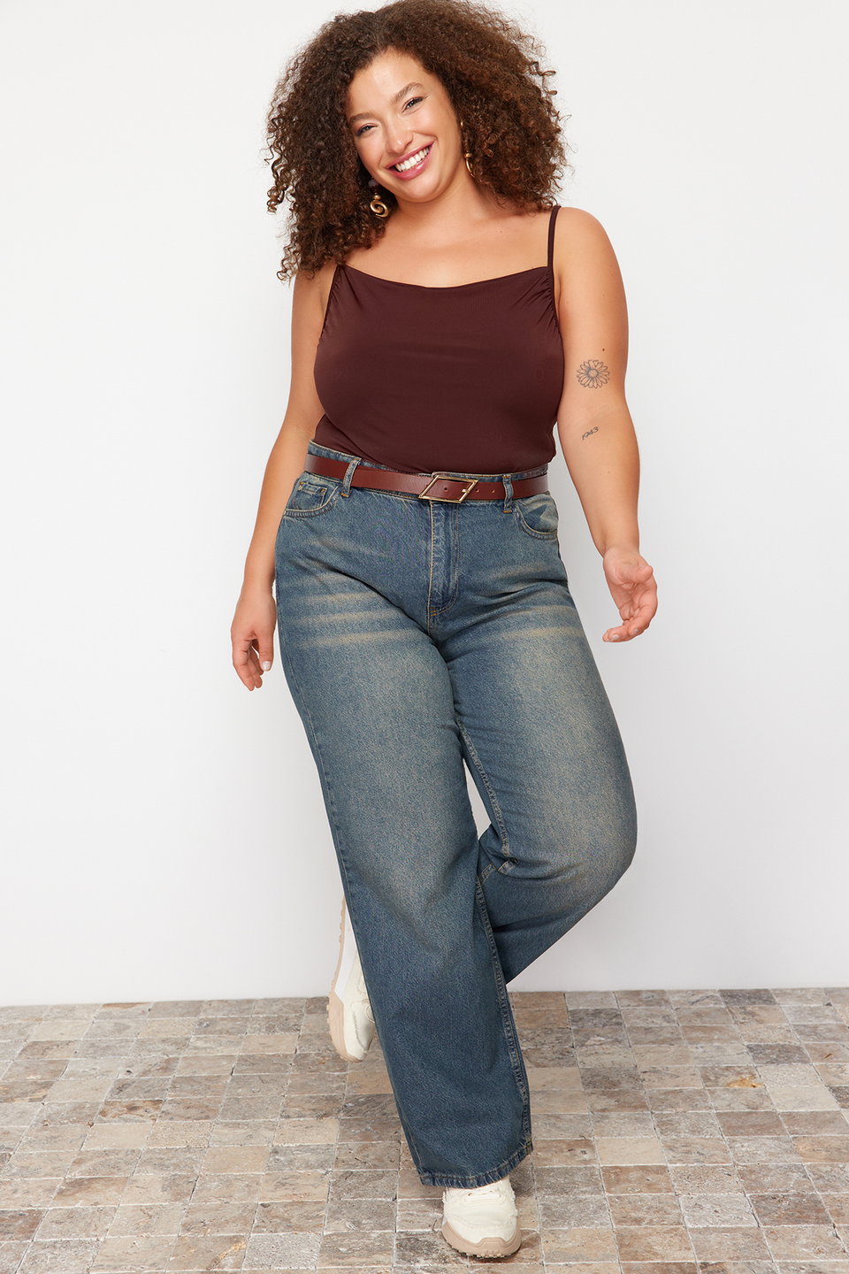 High Waist Faded Effect Vintage Wash Wide Leg Plus Size Wide Leg Jeans TBBSS24CJ00042
