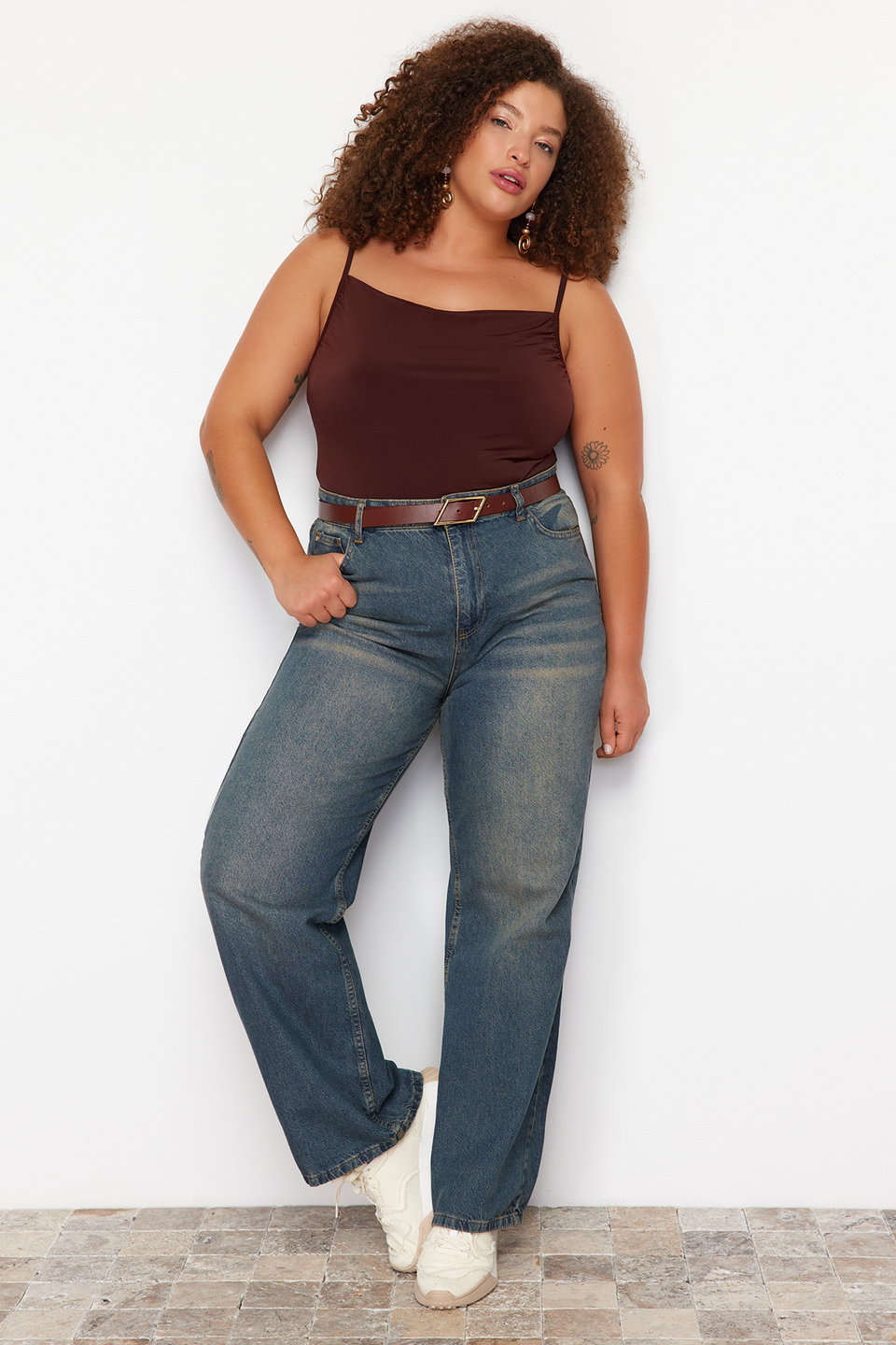 High Waist Faded Effect Vintage Wash Wide Leg Plus Size Wide Leg Jeans TBBSS24CJ00042