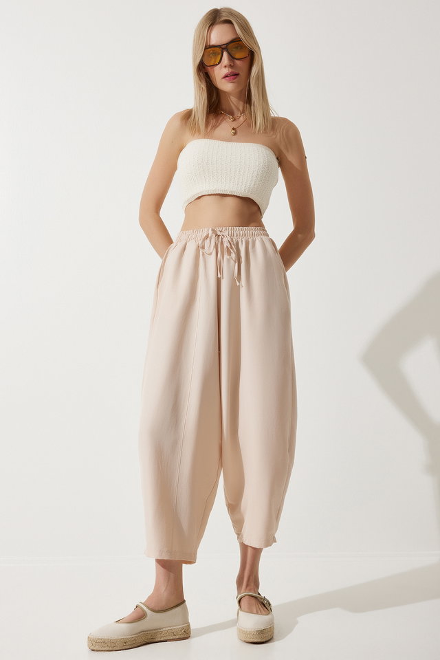 Cream - Women's Cream Pocketed Linen Viscose Shalwar Trousers CV00001