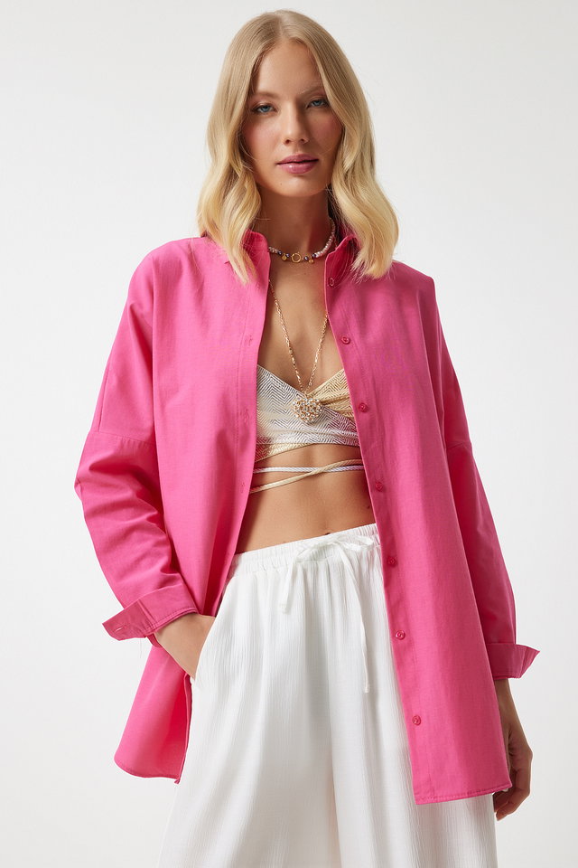 Dark pink - Women's Light Green Oversize Long Basic Shirt DD00842