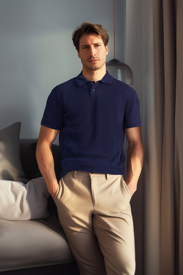 Navy blue - Navy Blue Limited Edition Relaxed Short Sleeve Knitwear Polo Neck T-shirt TMNSS23PO00025