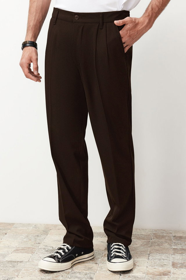 Brown - Black Pleated Classic Baggy Fit Fabric Trousers TMNSS24PL00024