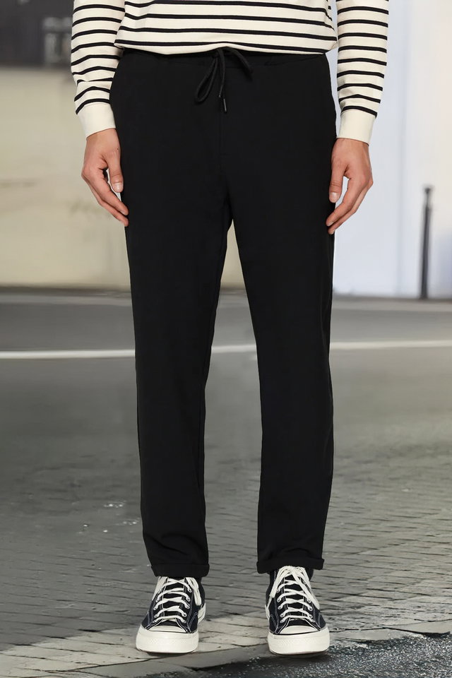 Black - Grey Elastic Waist Slim Fit Double Leg Fabric Trousers TMNAW21PL0107