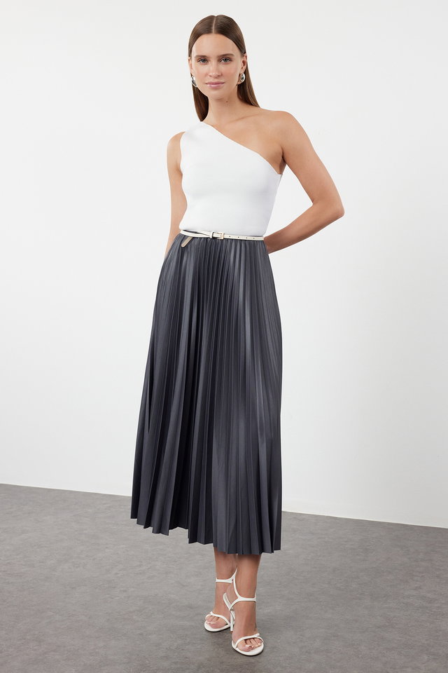 Anthracite - Black Pleated Maxi Stretchy Knitted Skirt TWOSS24ET00041