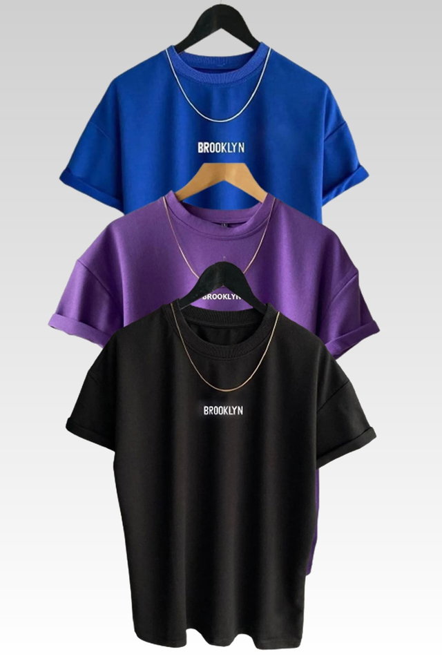 PURPLE BLUE BLACK - Unisex Brooklyn Printed 3 Pack Coffee-Black-Beige T-Shirt