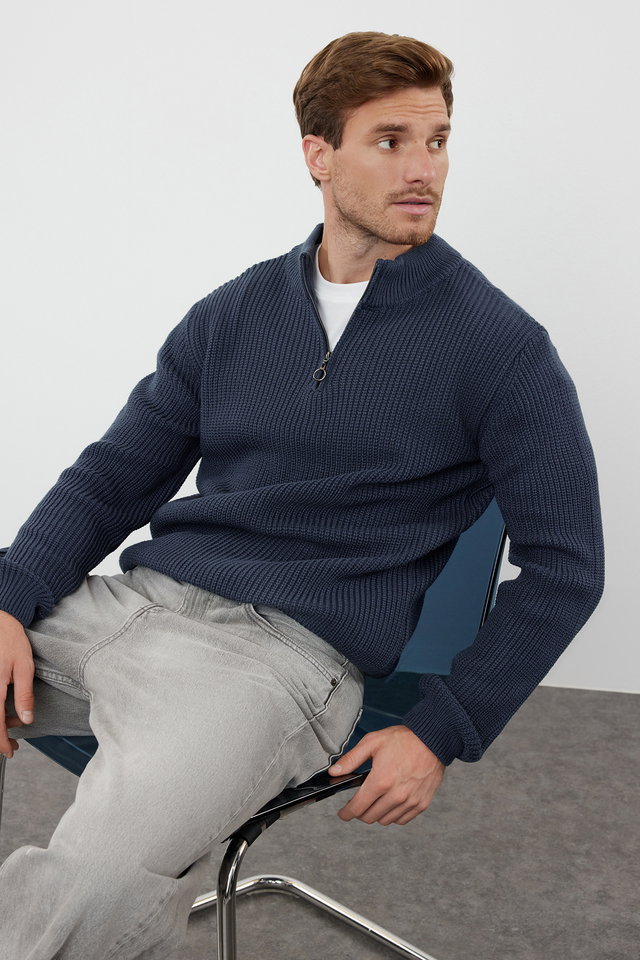 indigo - Navy Blue Casual Regular Fit Couple/Double Half Turtleneck Zipper Collar Sweater TMNAW22KZ1908