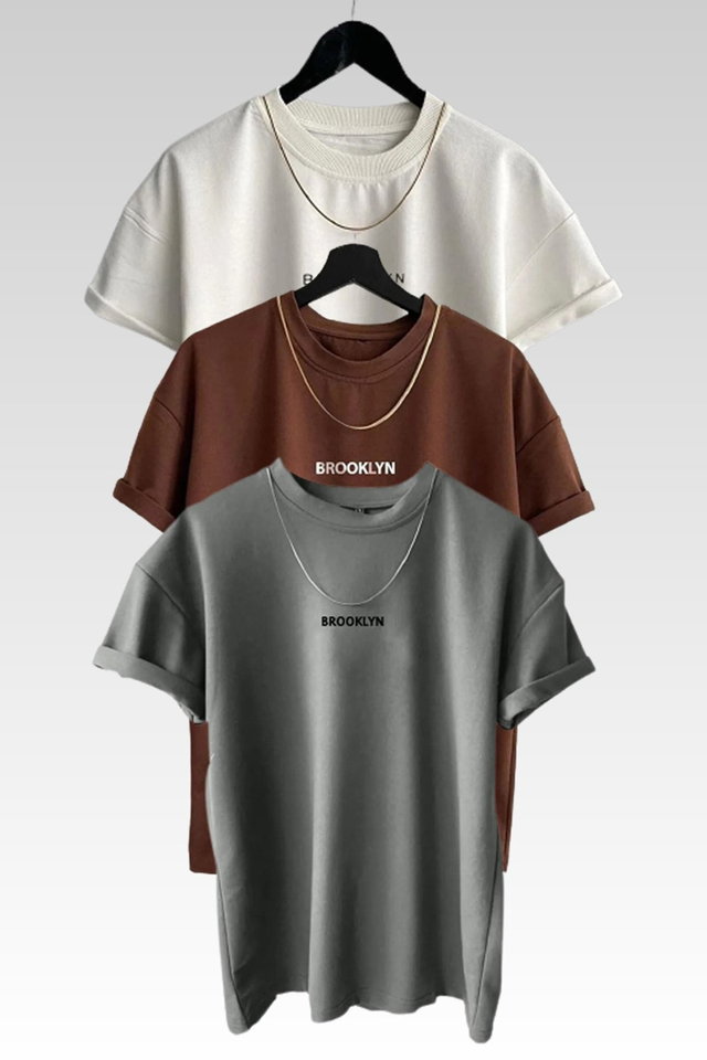 BROWN WHITE GRAY - Unisex Brooklyn Printed 3 Pack Coffee-Black-Beige T-Shirt
