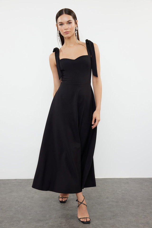 Black - Black A-Line Strap Detailed Woven Evening Dress Graduation Dress TPRSS24EL00251