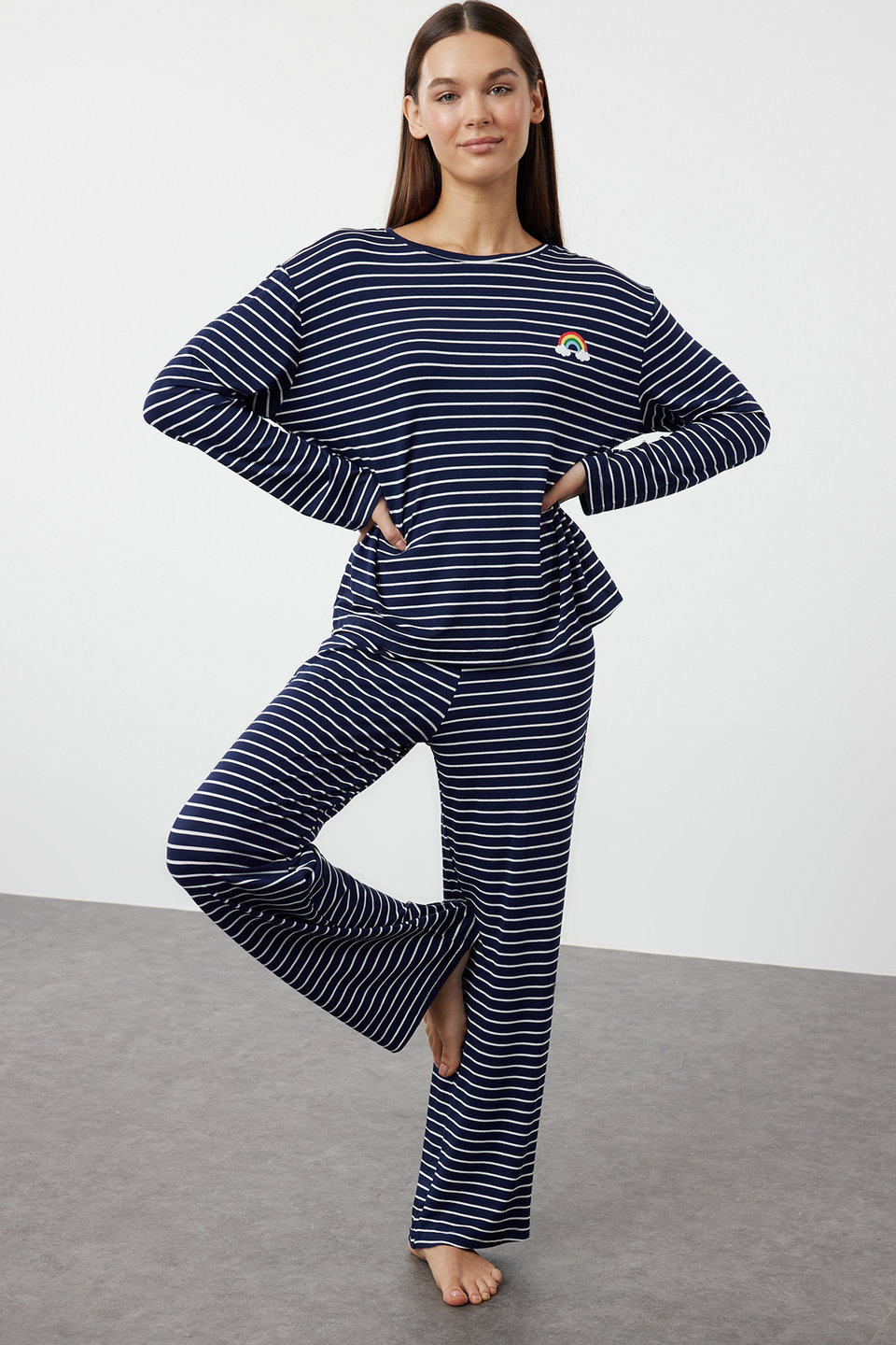 Striped Rainbow Printed Viscose Knitted Pajama Set THMAW25PT00014