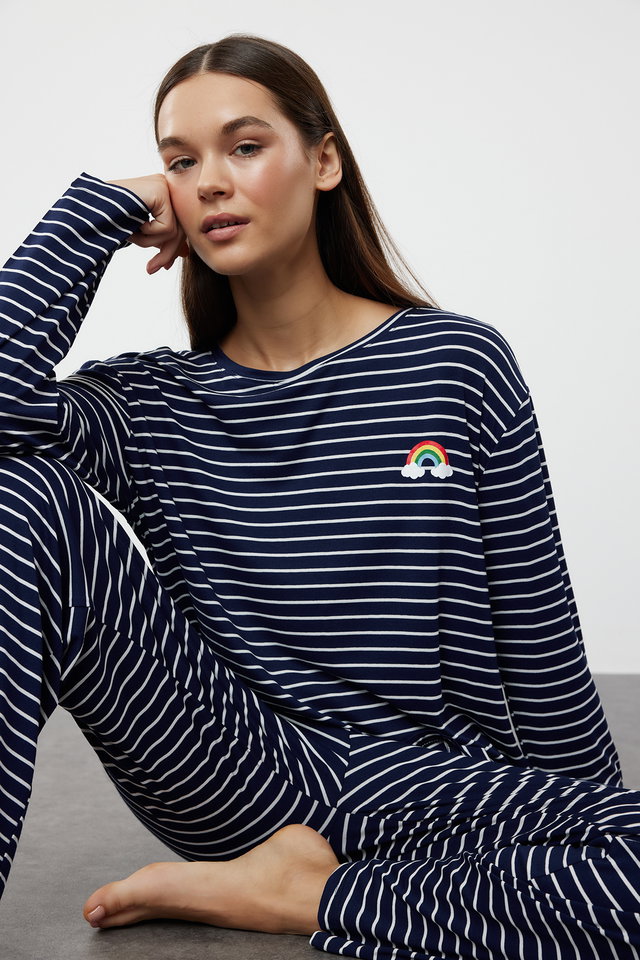 Navy blue - Navy Blue Striped Rainbow Printed Viscose Knitted Pajama Set THMAW25PT00014