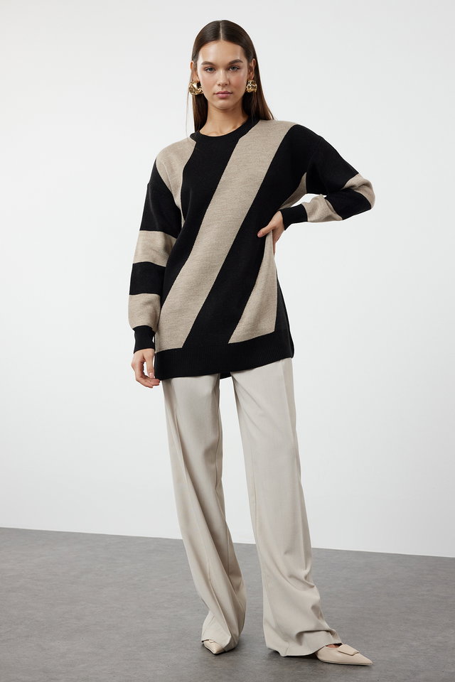 camel - Camel Stone Color Blocked Knitwear Striped Sweater TCTAW25AK00000