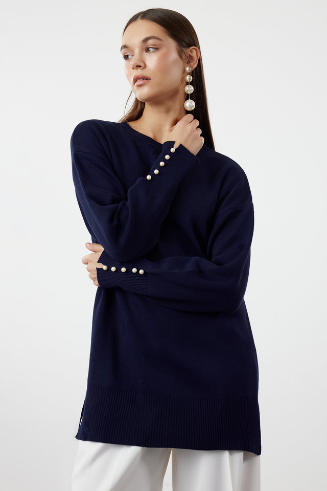 Navy blue - Stone Pearl Detailed Knitwear Sweater TCTAW25AK00007