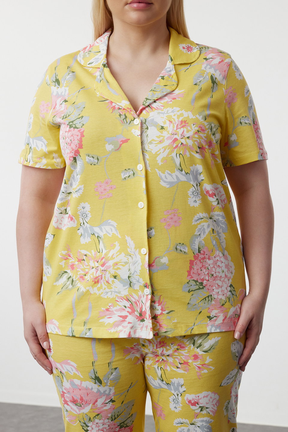 Flower Patterned Shirt Collar Knitted Pajama Set TBBSS24AI00115