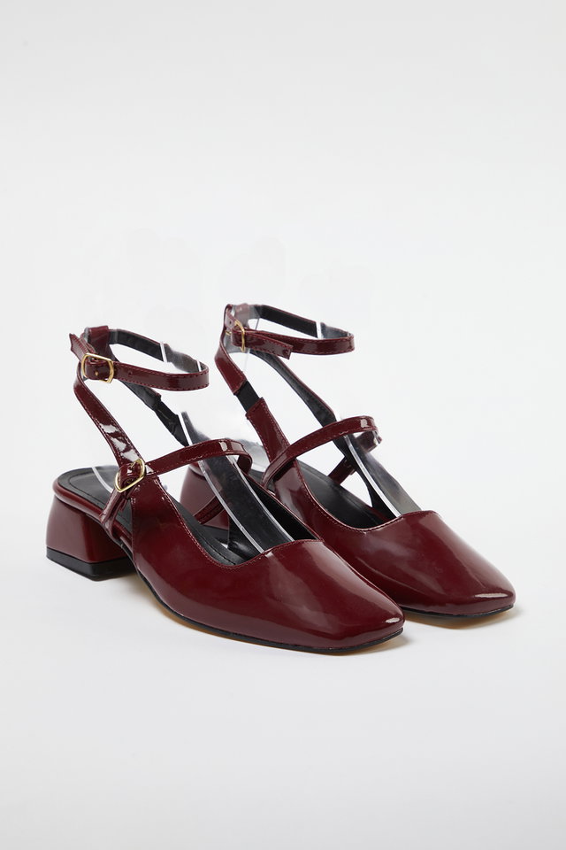 burgundy - Beige Mary Jane Ankle Strap Square Toe Women's Heeled Shoes TAKSS24TO00009