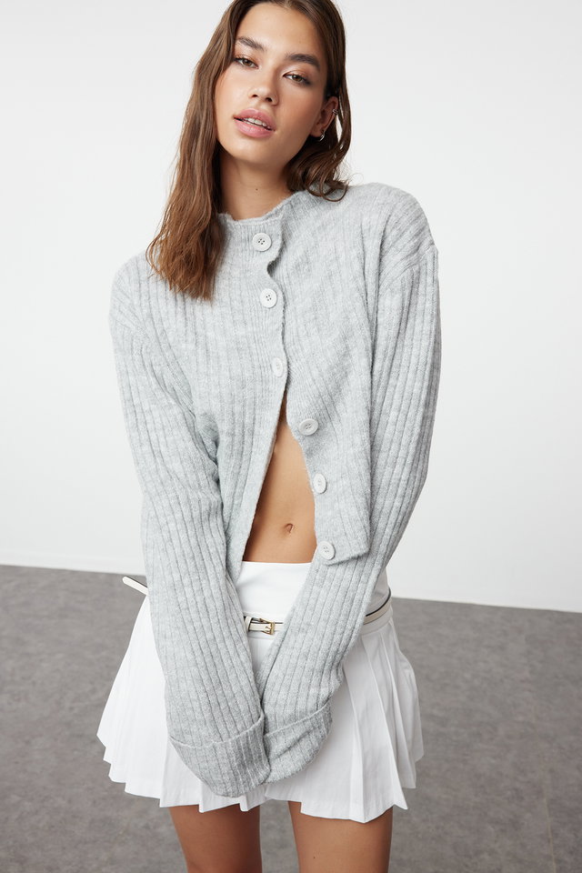 Grey - Pink Crop Soft Textured High Neck Knitwear Cardigan TWOAW22HI0174